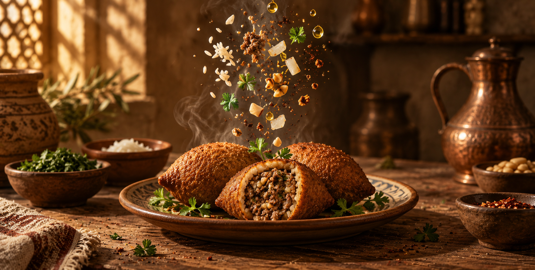 中东风味主菜的悬浮食材电影广告 — AI image creation