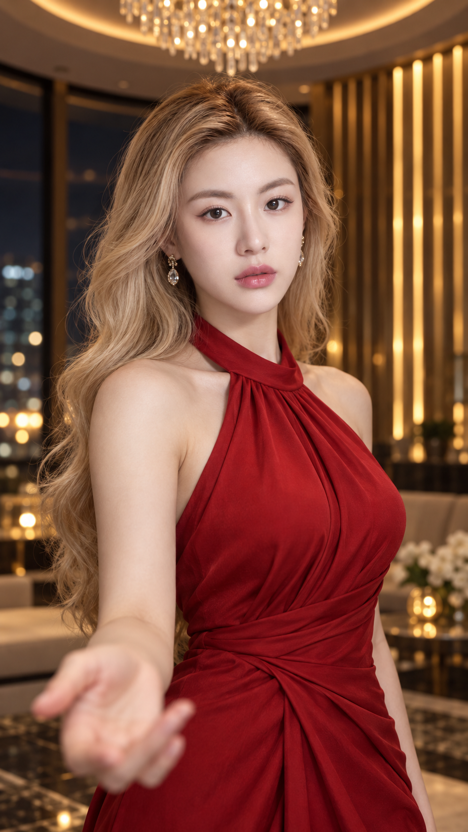 奢华夜景中的红裙成年女性时尚肖像