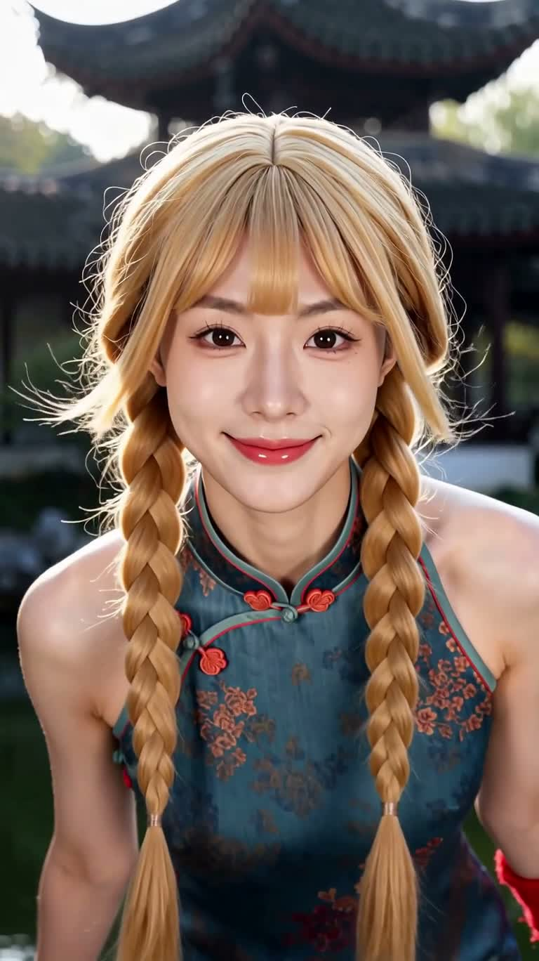 阳光宝塔园林中的蓝色旗袍舞者 — AI video creation