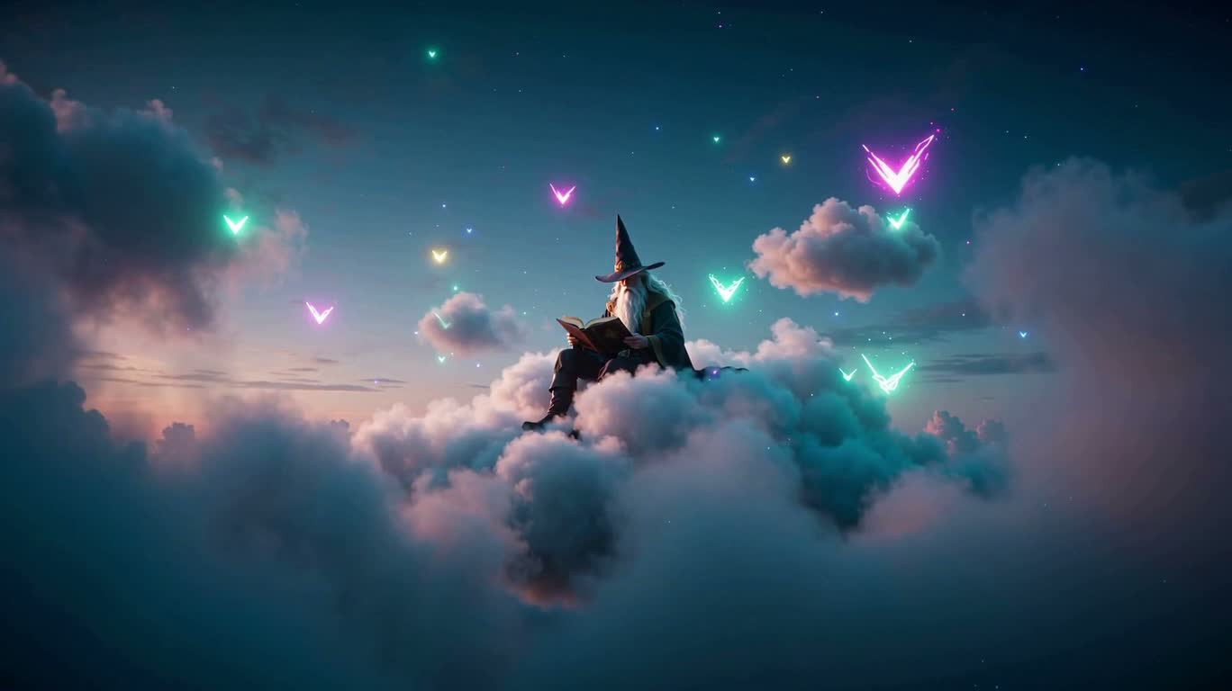 云端霓虹魔法书房 — AI video creation