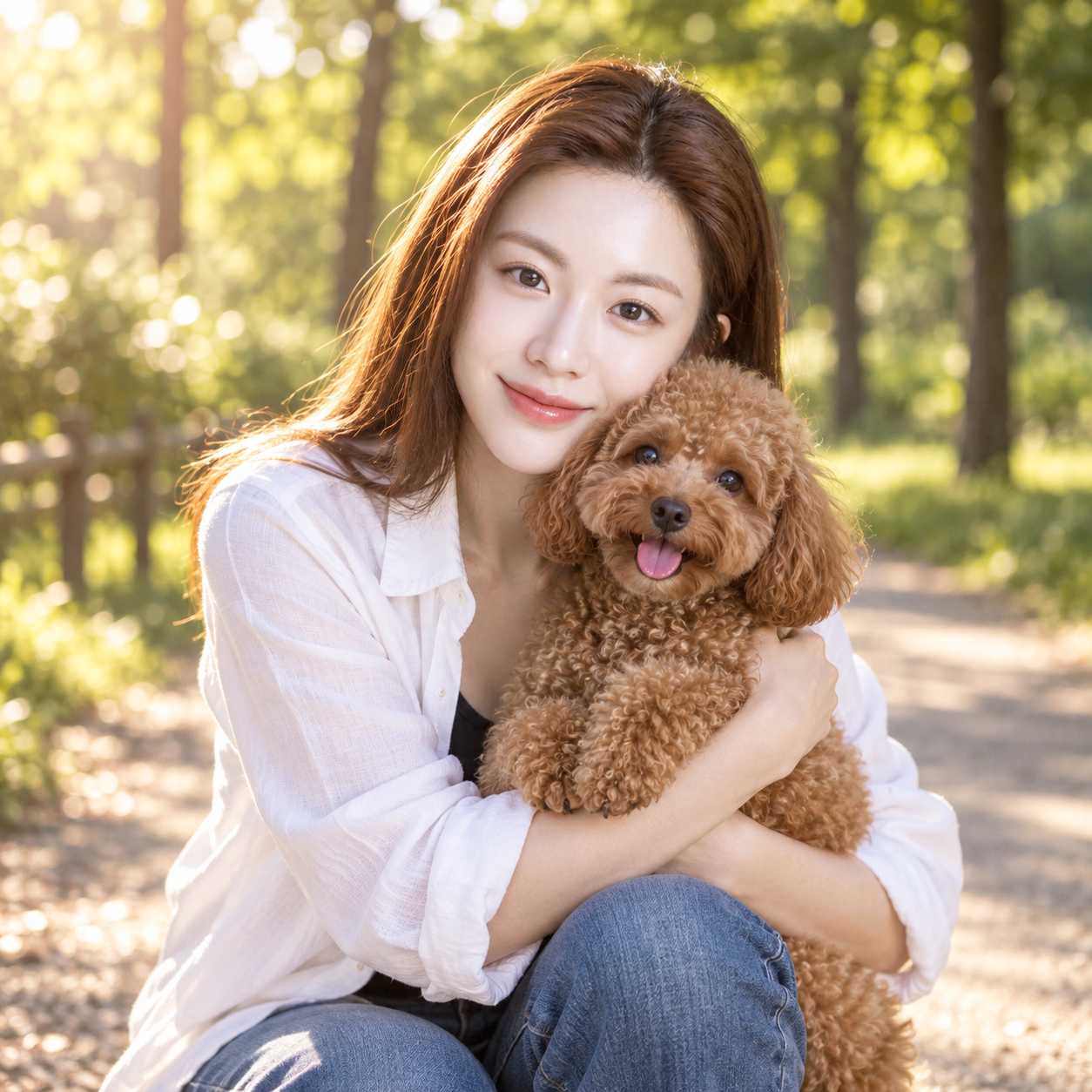 斑驳阳光下拥抱卷毛爱犬的成年女性 — AI image creation