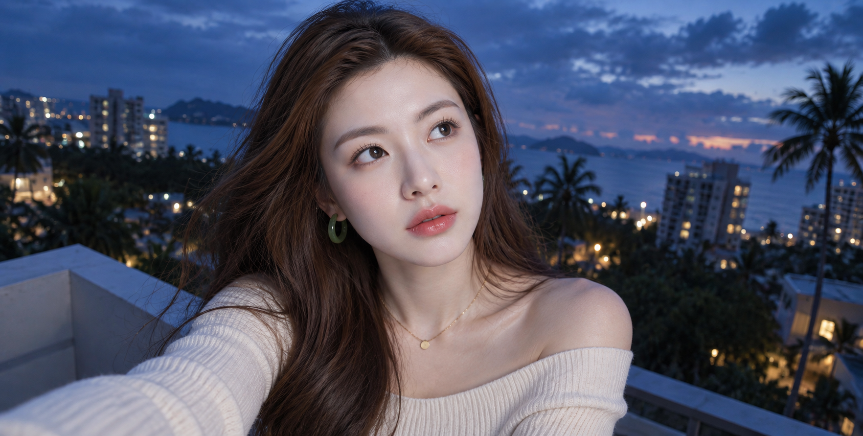 蓝调时刻天台成年女性人像 — AI image creation