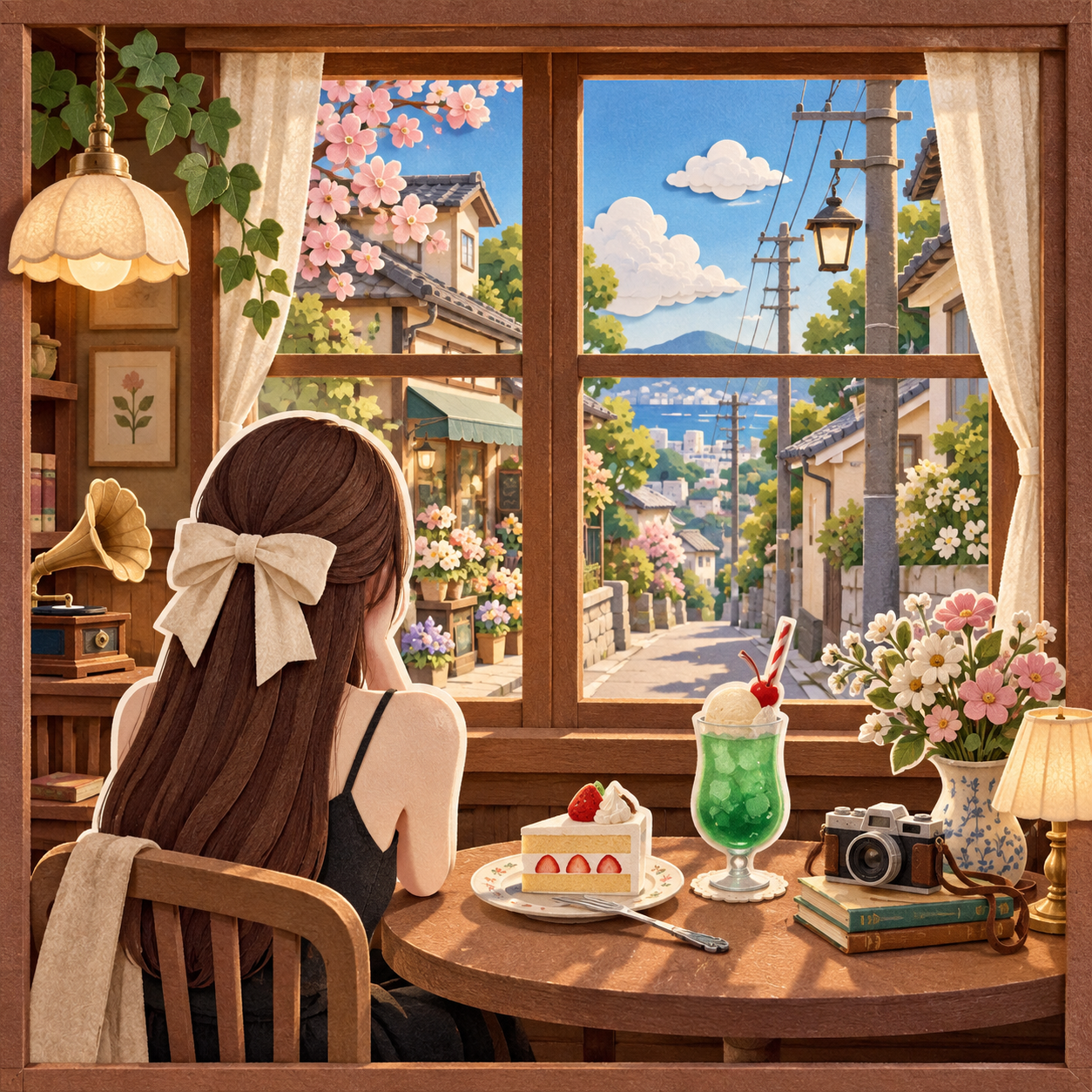 复古咖啡馆窗边的分层纸艺日本旅行场景 — AI image creation