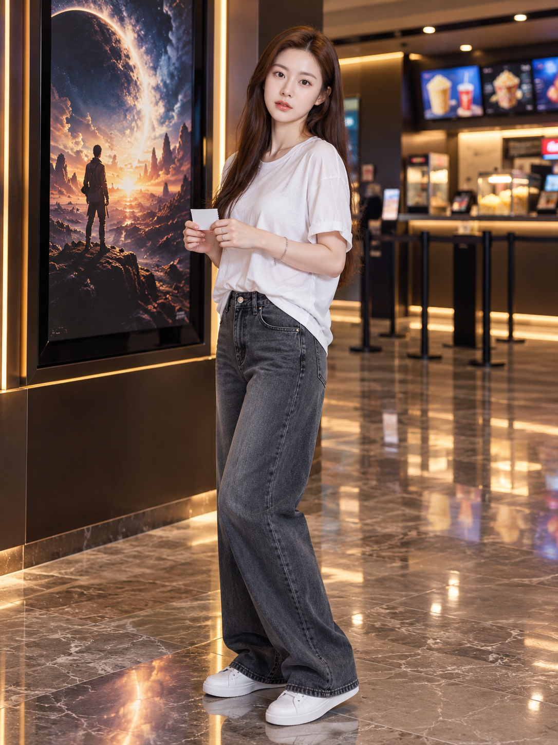 电影院大厅持票成年女性全身肖像 — AI image creation