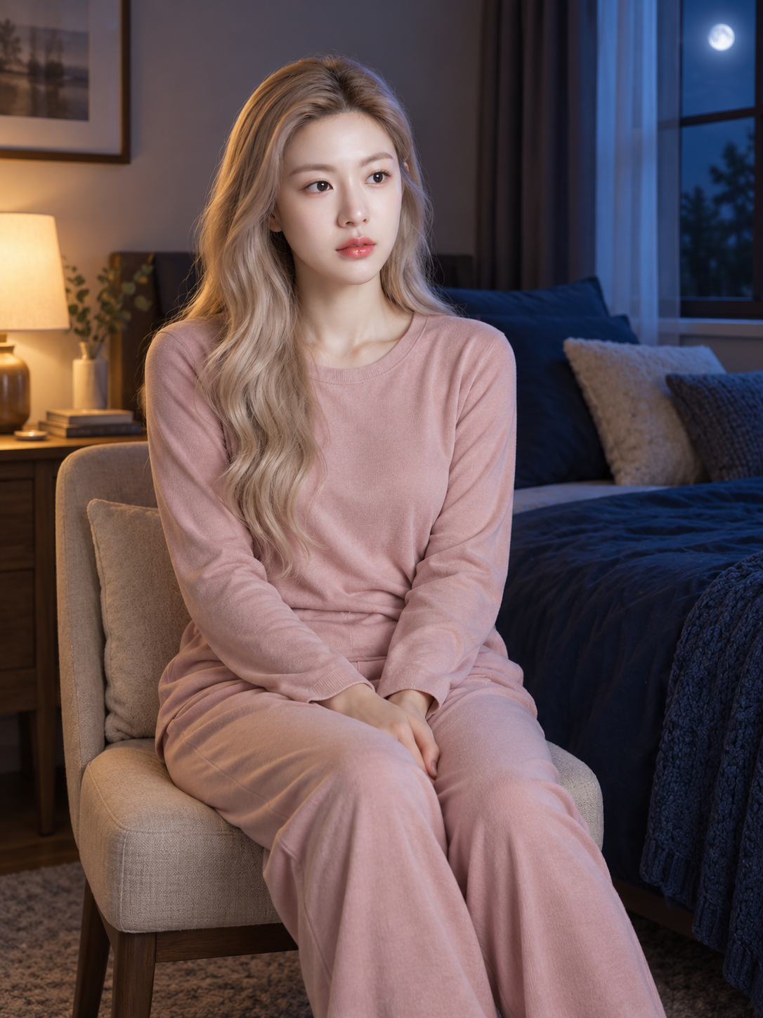暖灯与月光交织的成年女性居家肖像 — AI image creation