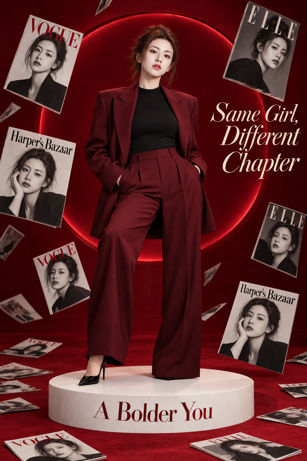 Crimson Studio: Burgundy Suit South Asian Woman Fashion Editorial — AI image creation