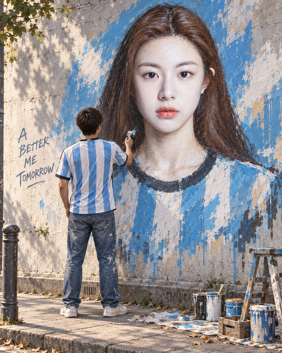 男子绘制自己的超现实壁画肖像 — AI image creation