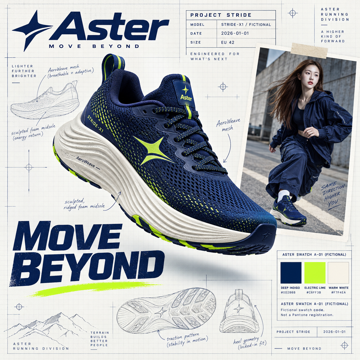 Quảng cáo giày sneaker thương hiệu phong cách kỹ thuật trên giấy ô ly
