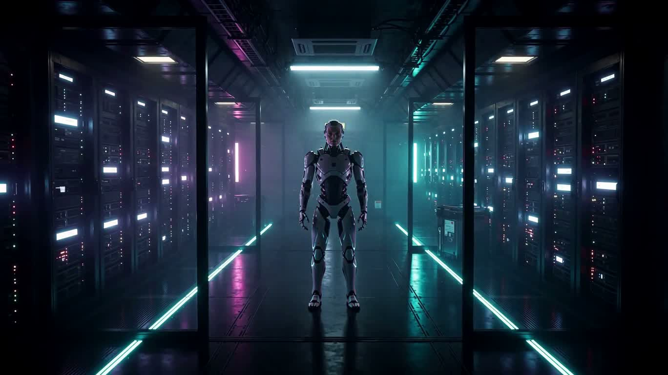 Гуманоидный робот с неоновым ядром данных — AI video creation