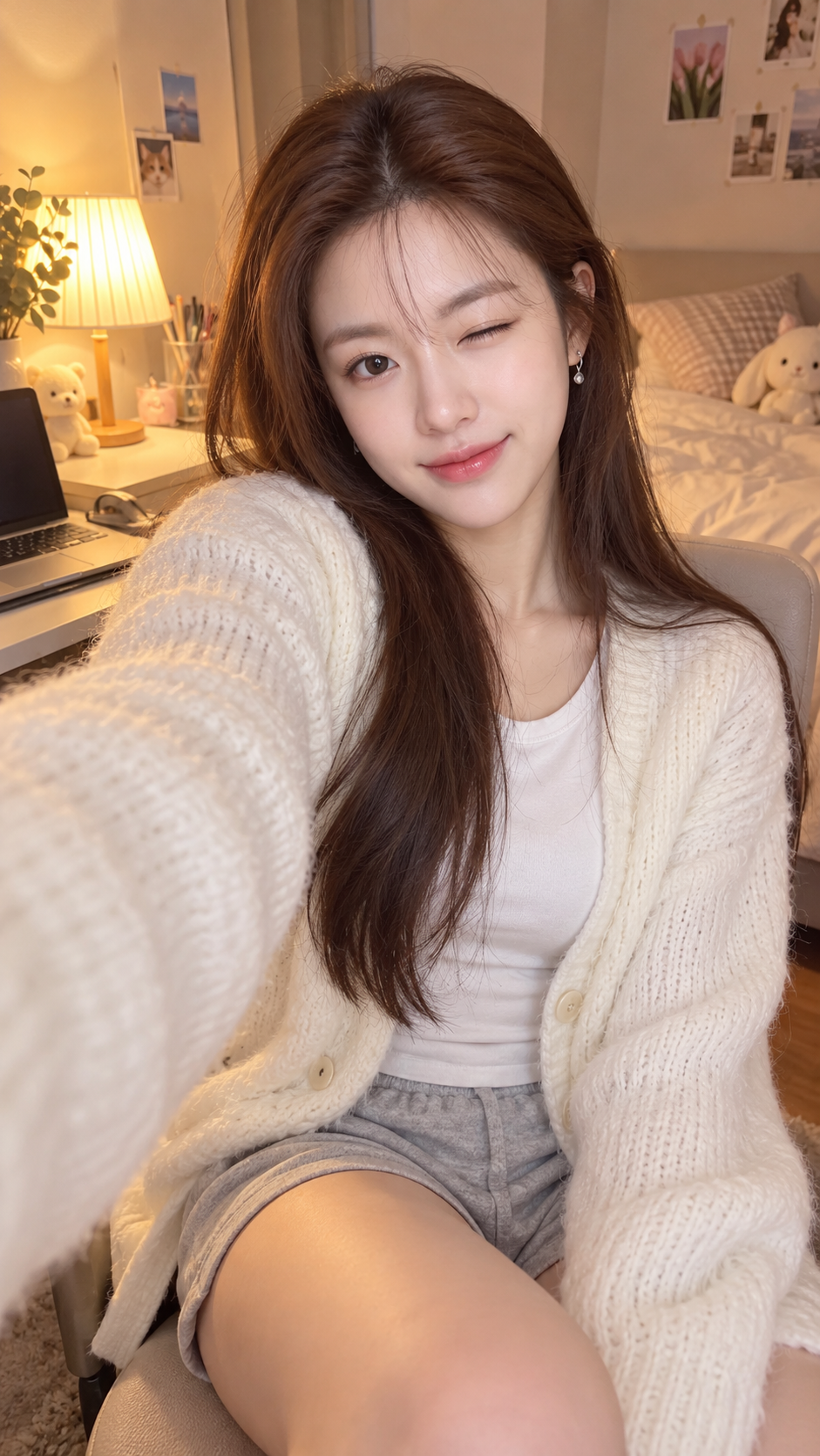Ảnh tự chụp góc thấp trong phòng ngủ của phụ nữ trưởng thành Đông Á với danh tính cố định