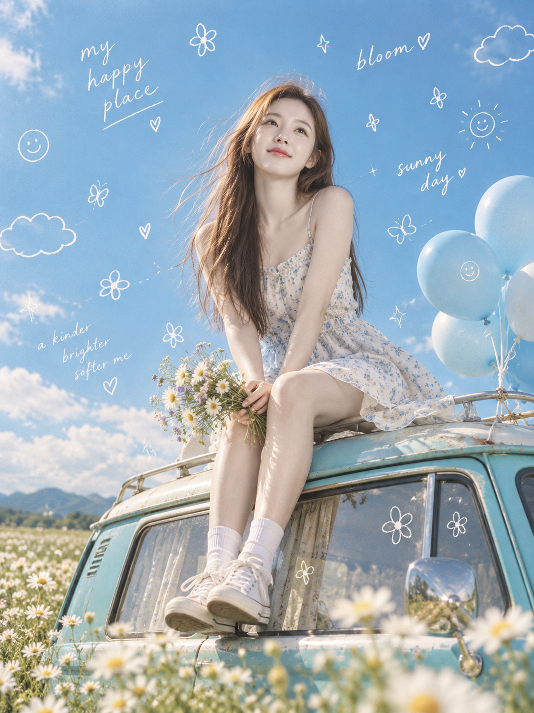 花海复古车旁的青春画卷 — AI image creation