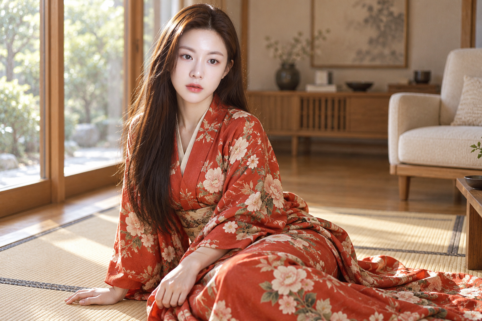다다미 거실에서 붉은 주황 꽃무늬 긴옷을 입은 성인 여성 초상