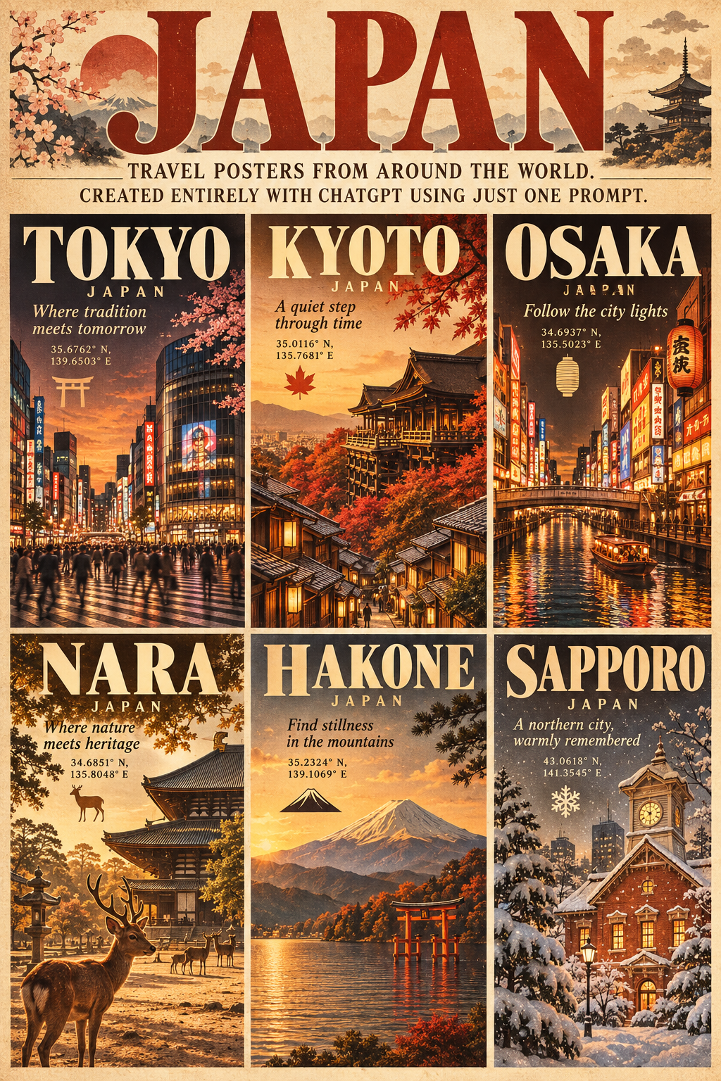 复古六宫格日本城市旅行海报拼贴 — AI image creation