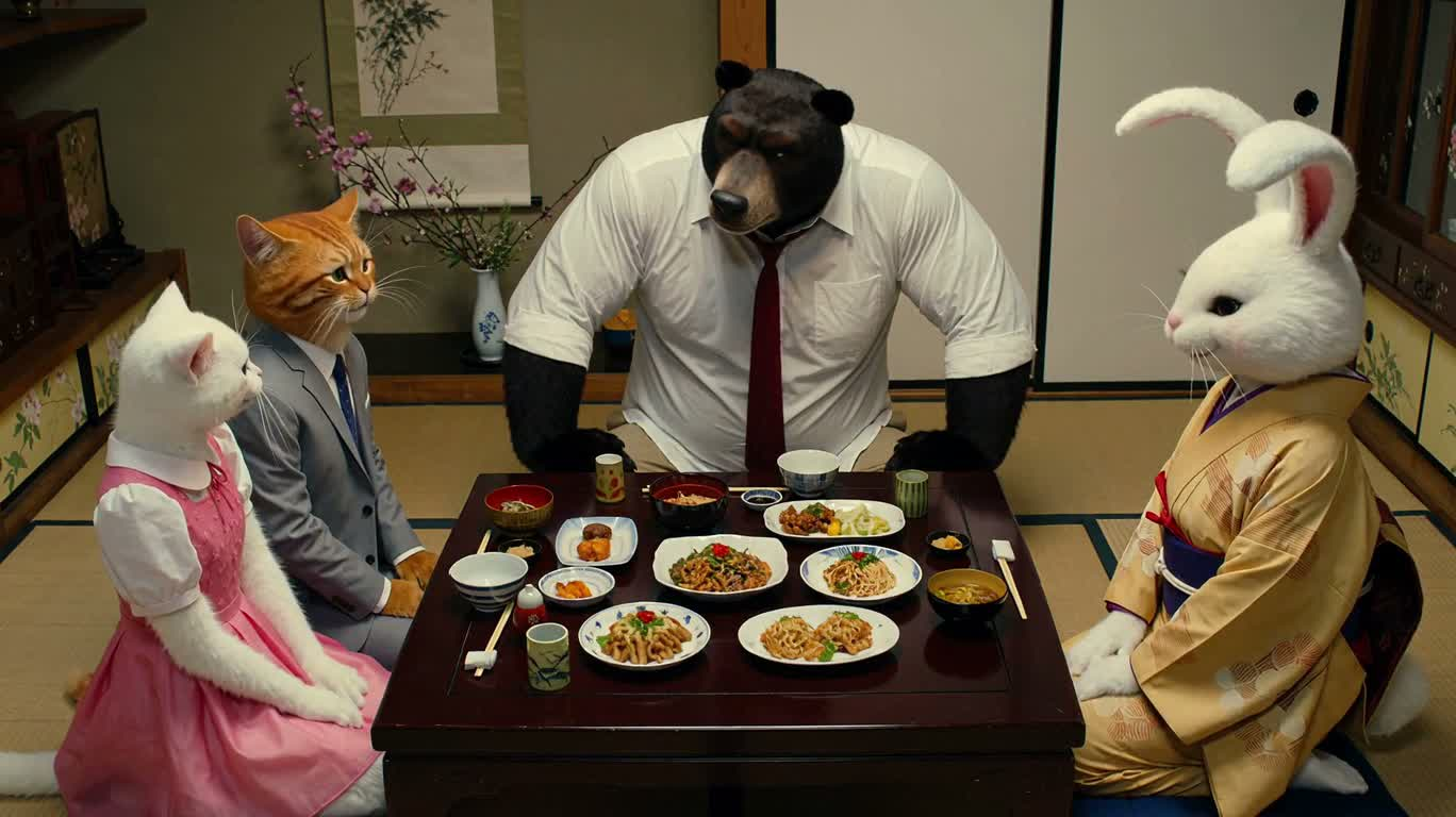 猫の婿、初めて義父に会い食卓で大騒動 — AI video creation