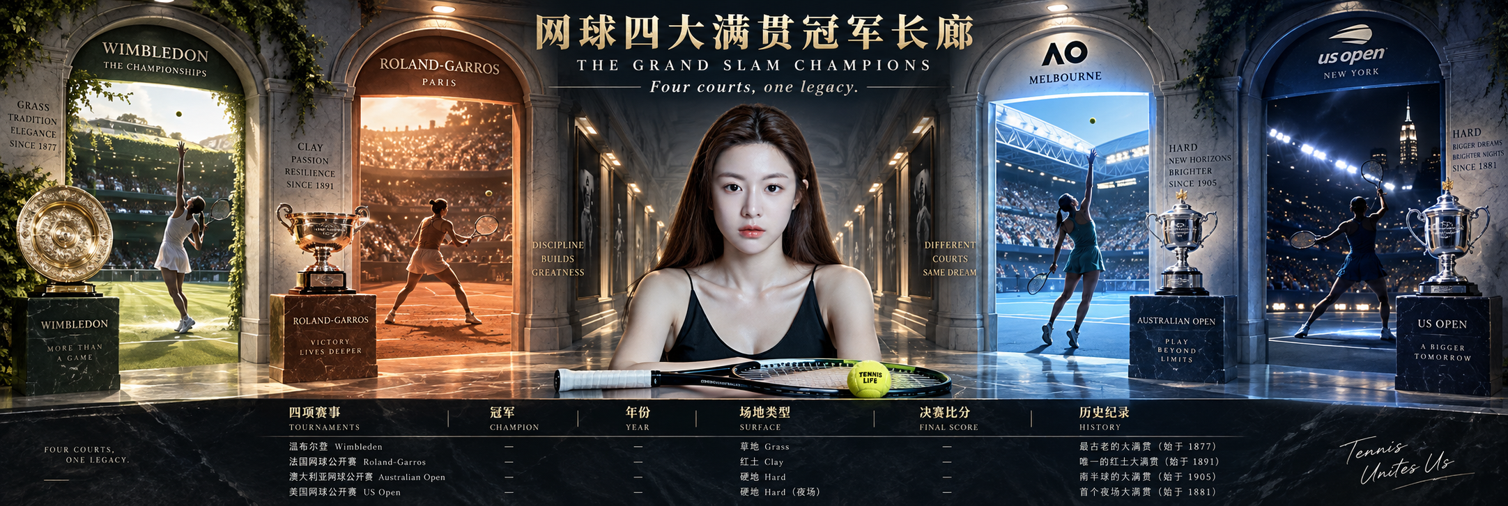 网球四大满贯冠军连续长卷海报 — AI image creation
