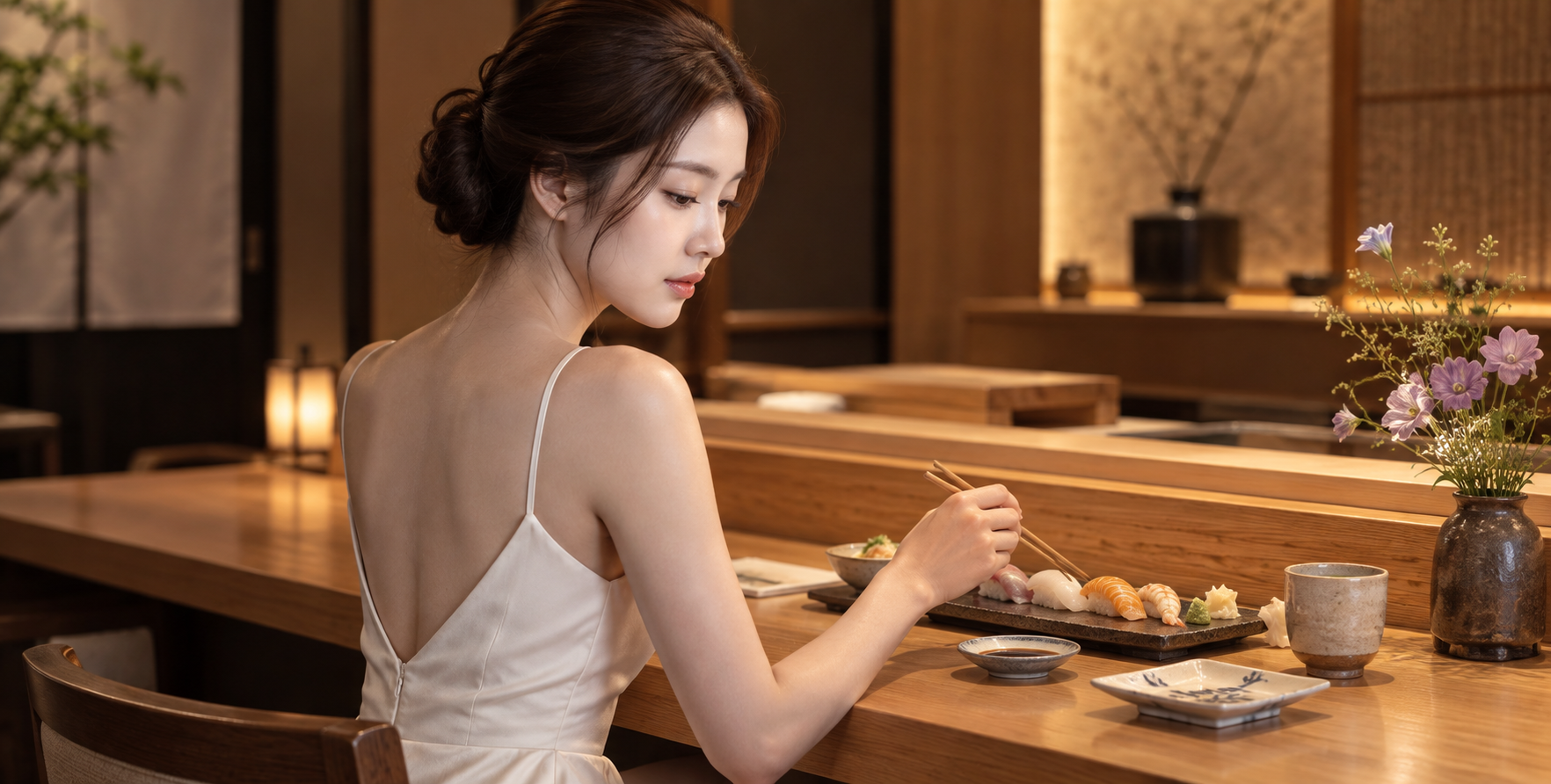 Chân dung từ phía sau của một phụ nữ trưởng thành trước quầy sushi Nhật Bản