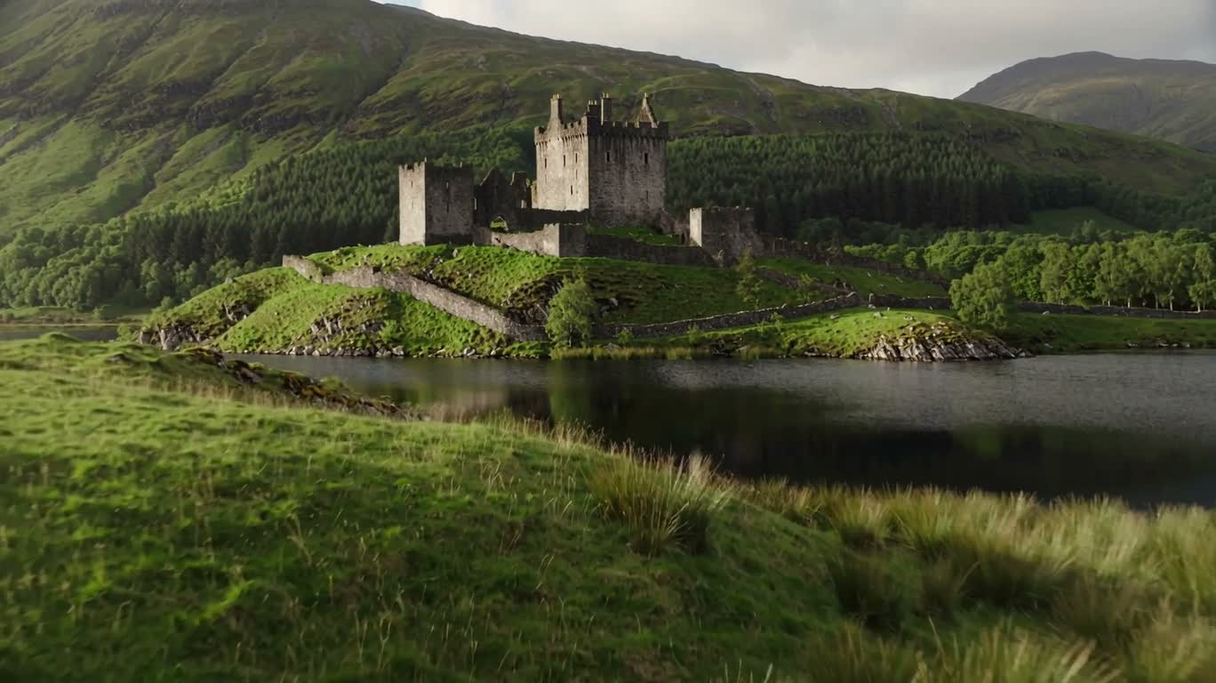 Ruines de château au bord d'un loch des Highlands — AI video creation