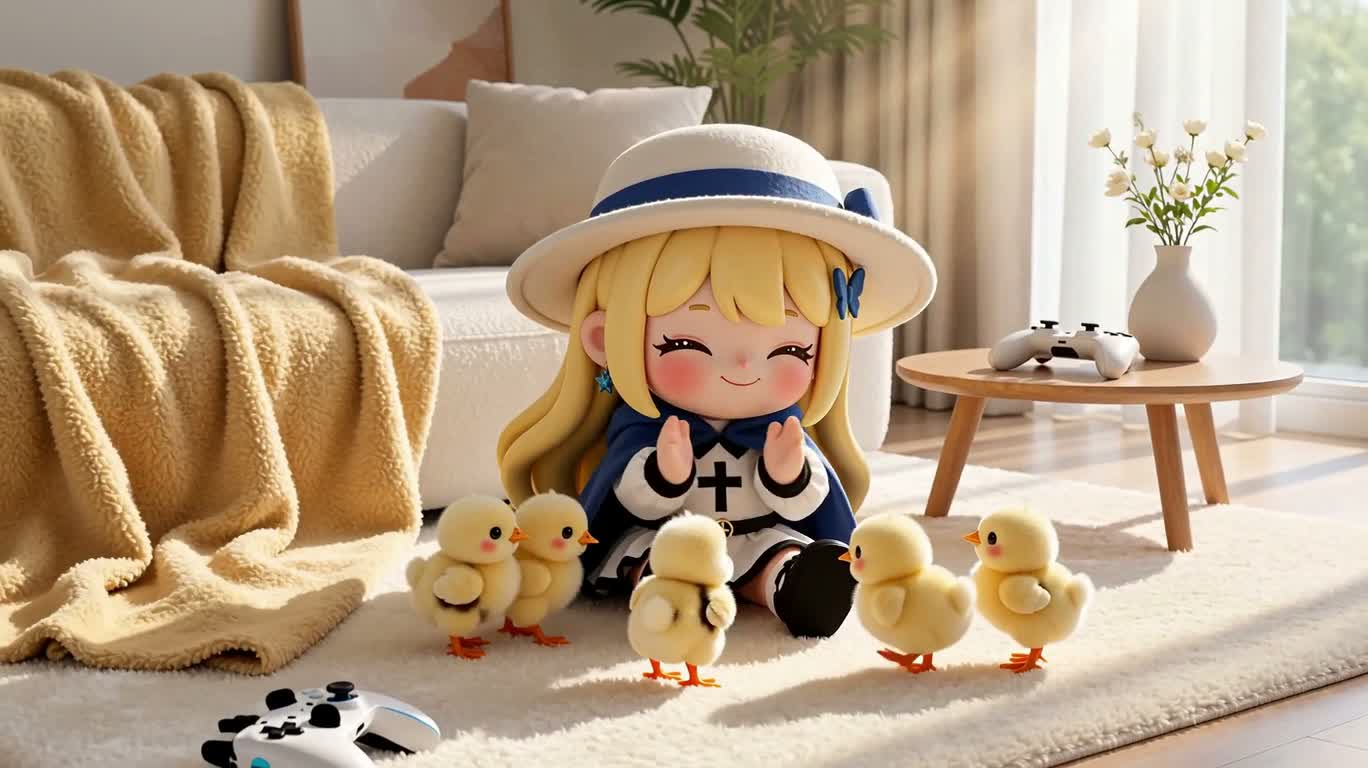 Baby Birds Gathering in a Sunlit Living Room — AI video creation