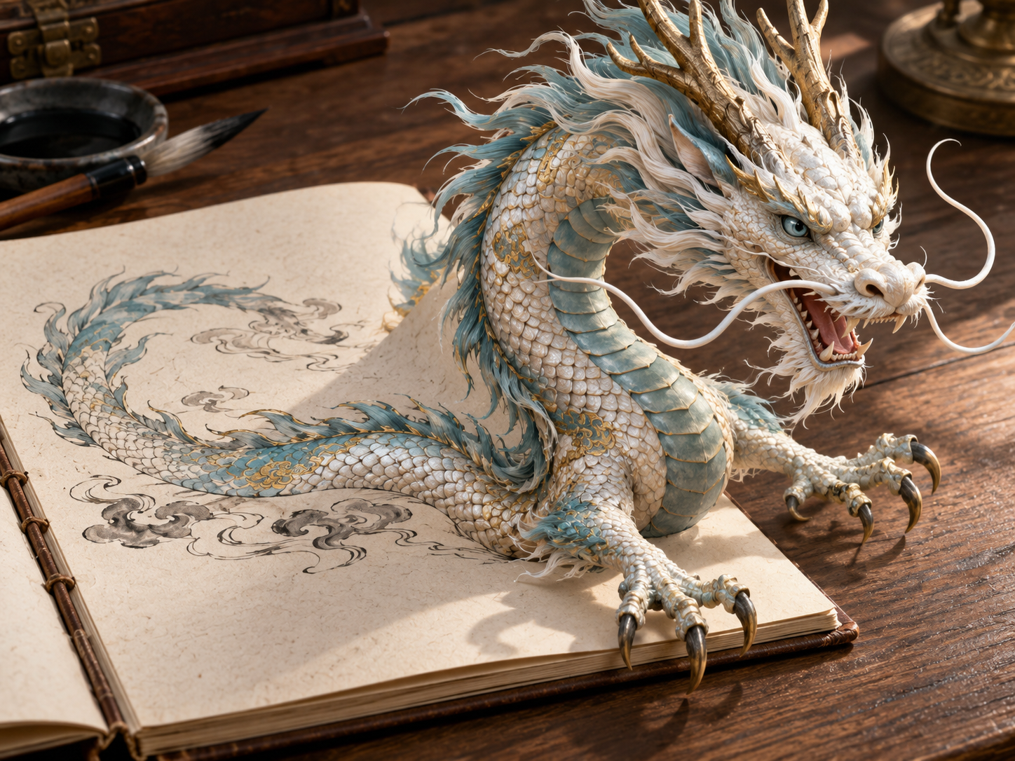 尾巴仍留在笔记本上的破纸东方龙 — AI image creation
