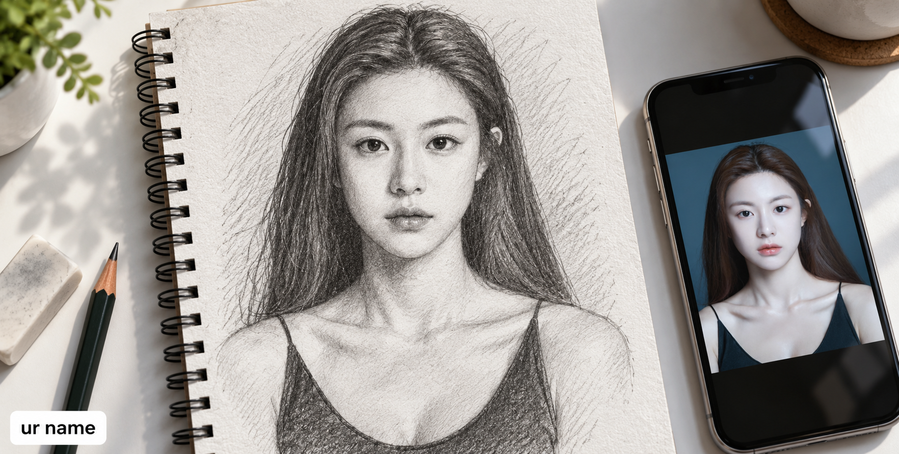Croquis de portrait au crayon avec référence sur téléphone