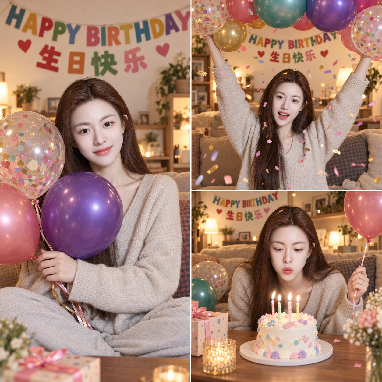 성인 여성의 따뜻한 집 생일 3컷 콜라주
