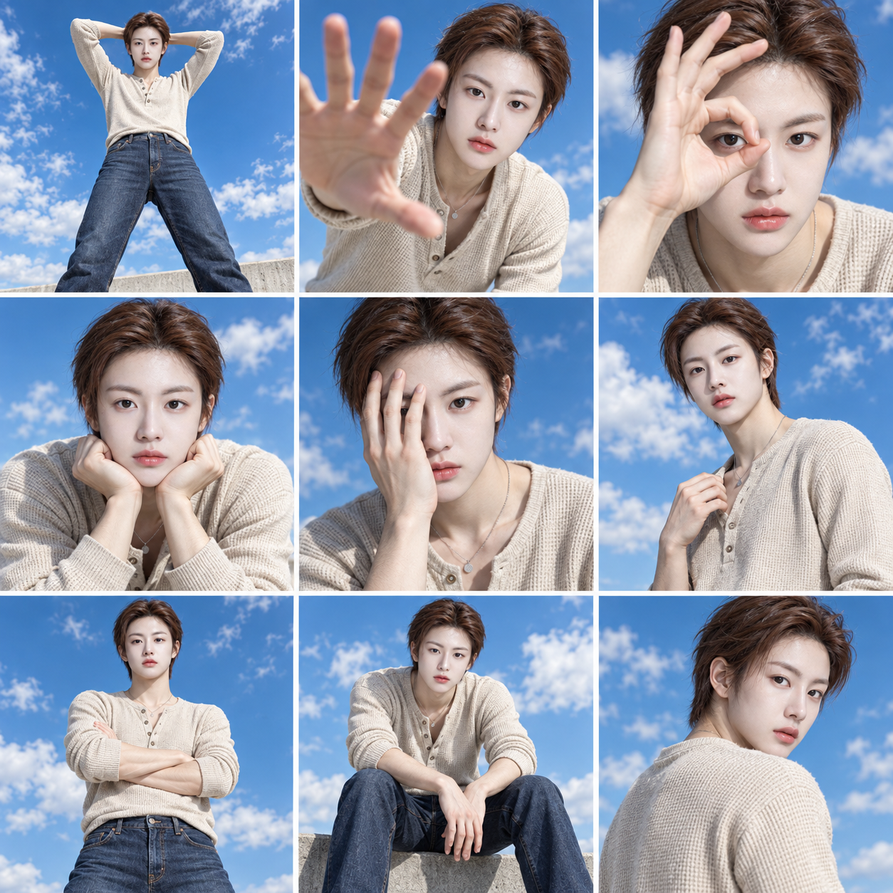 蔚蓝天空下的男士九格动态肖像 — AI image creation