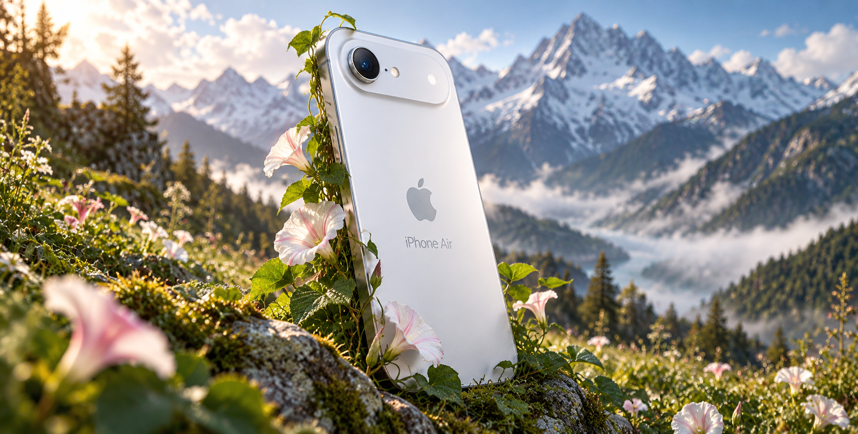 Áp phích siêu thực iPhone Air giữa hoa đồng cỏ núi cao