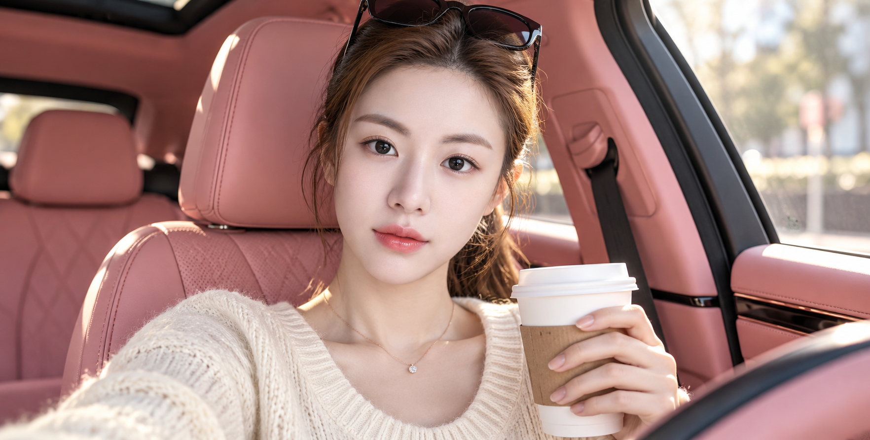 粉色内饰豪华汽车中的成年女性咖啡人像 — AI image creation