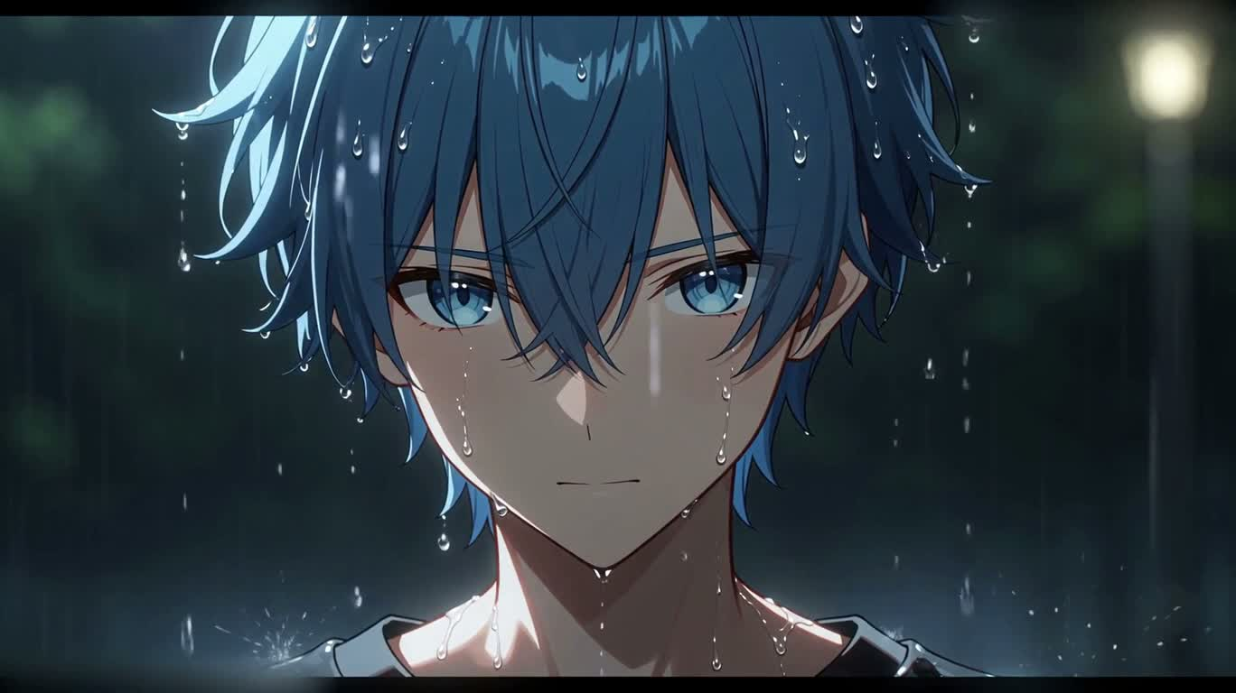 雨中的蓝发少年