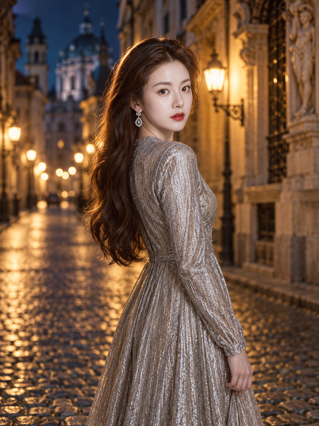 欧洲古街金银光影中的银色礼服肖像 — AI image creation