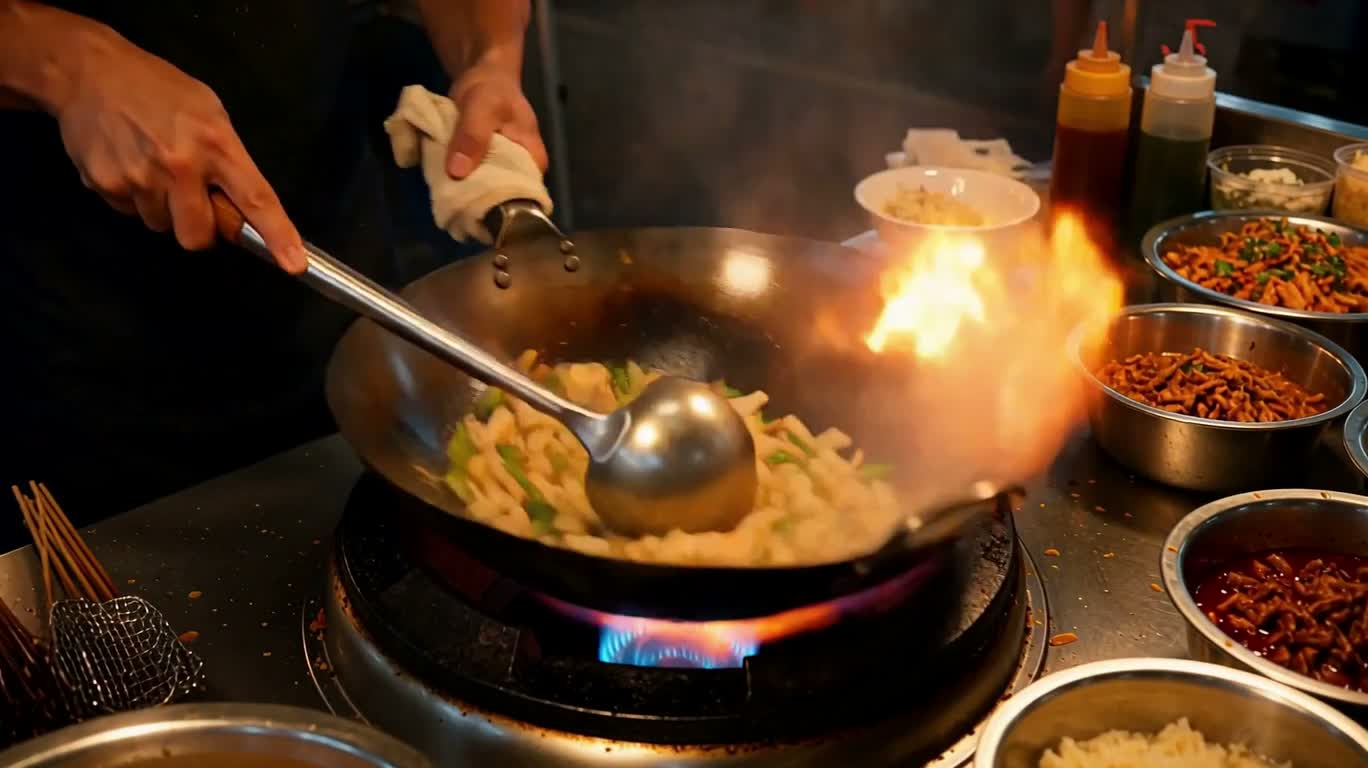 霓虹街市炒锅火舞