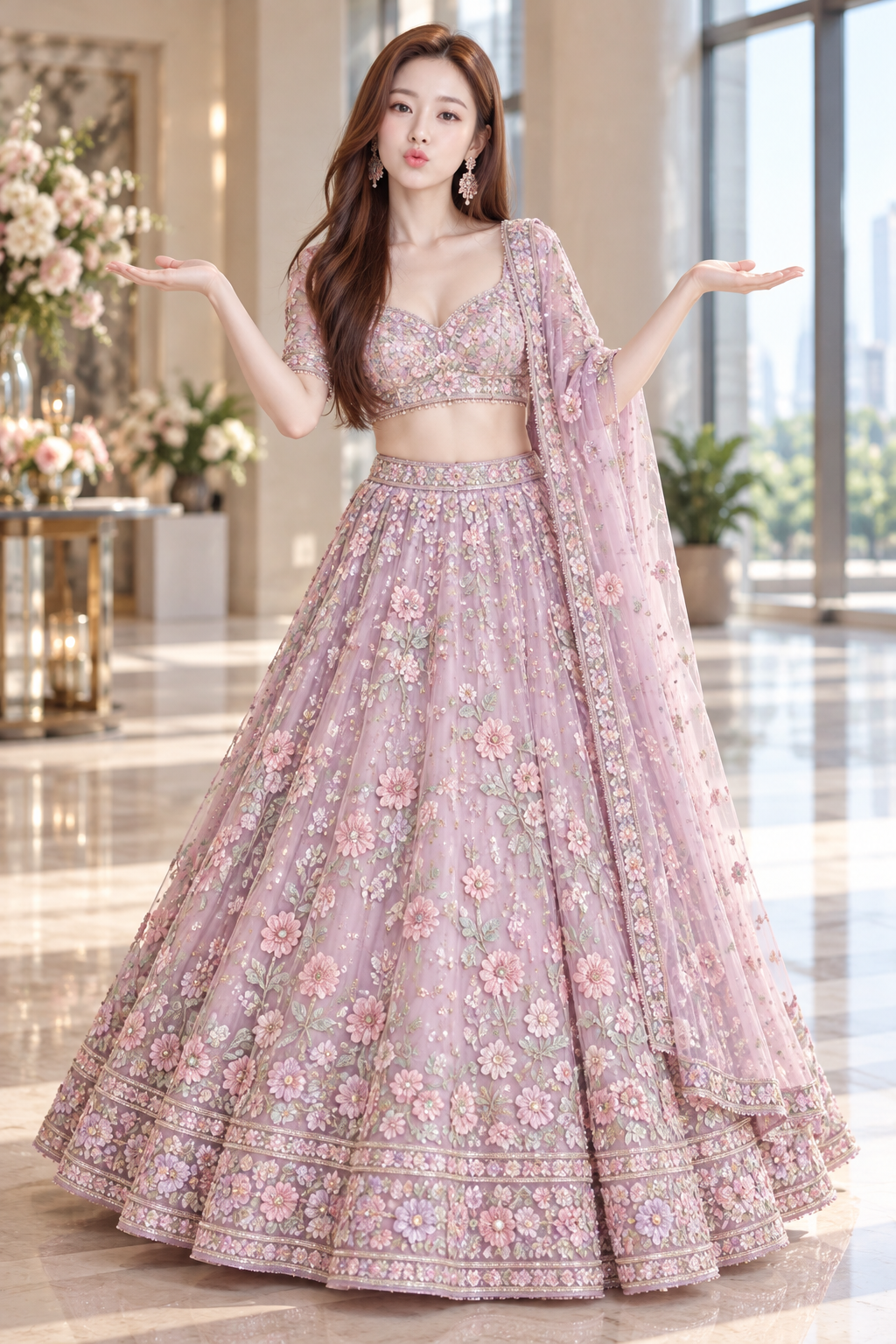 Váy lễ hội Ấn Độ màu hồng oải hương trong sảnh ánh sáng dịu