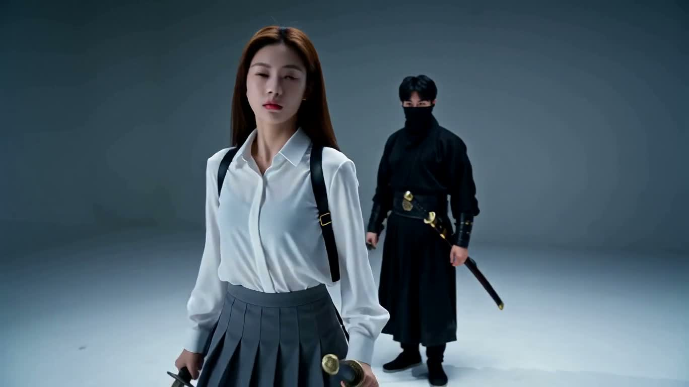 冷白武侠決戦:女剣士対仮面の刺客 — AI video creation