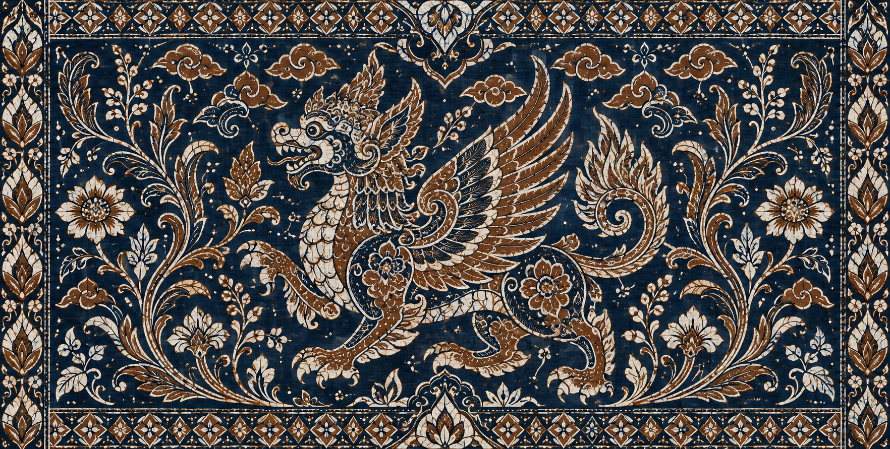 靛蓝索加棕神话守护兽爪哇灵感蜡染纹样 — AI image creation