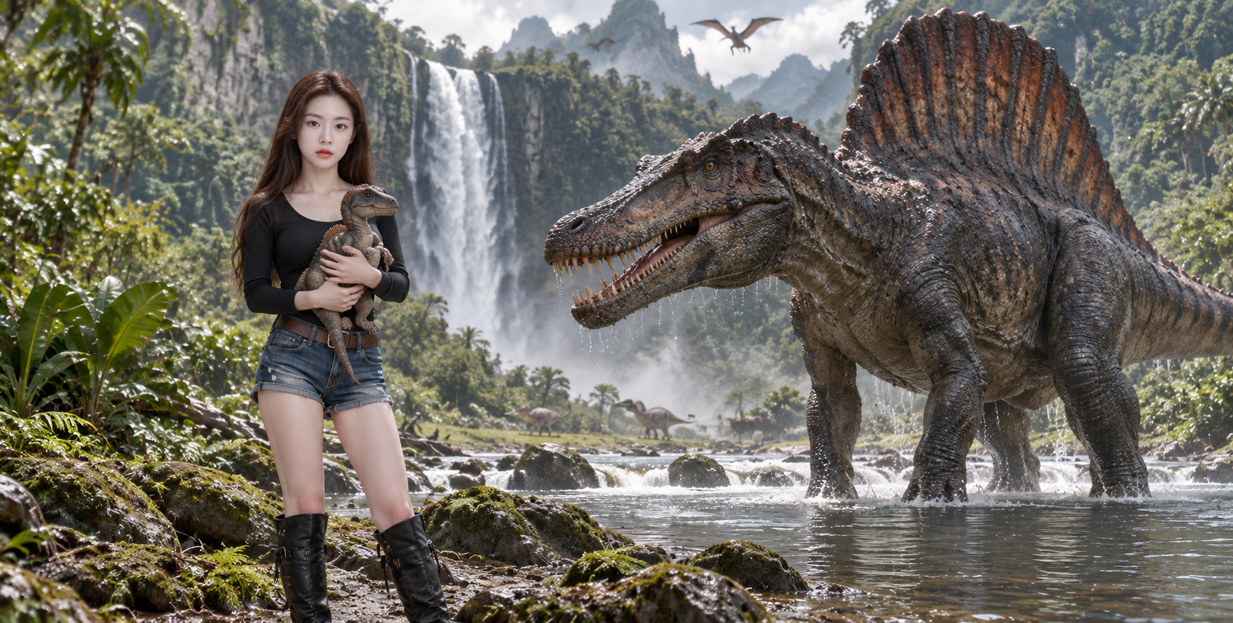 Nhà thám hiểm và khủng long Spinosaurus bên dòng sông rừng rậm thời tiền sử