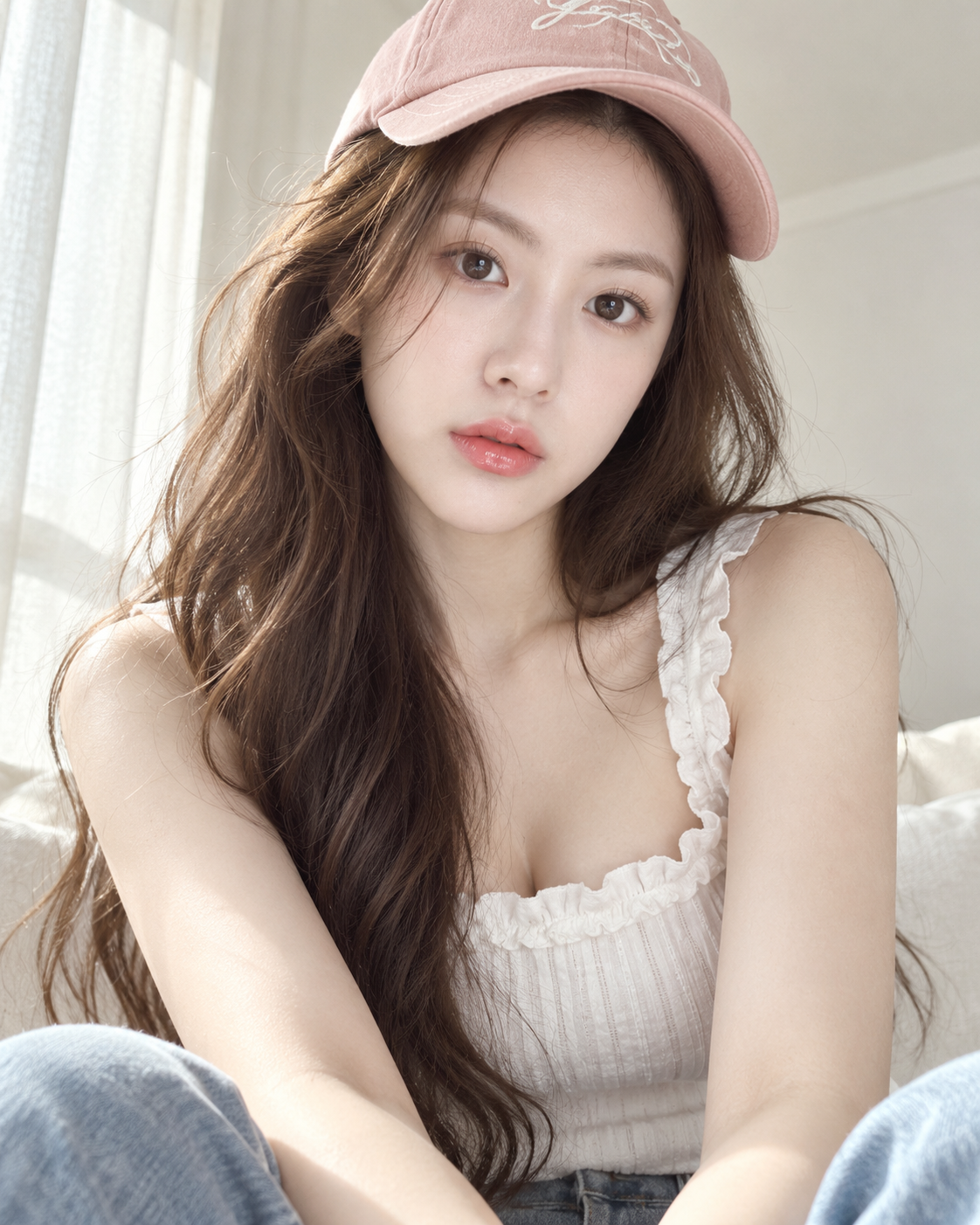핑크 야구 모자와 흰색 러플 상의를 입은 라이프스타일 인물 사진