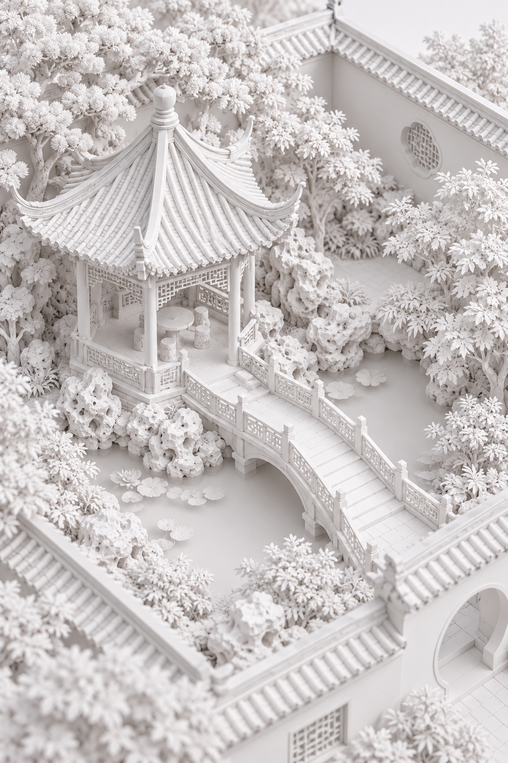 纯白黏土风中式庭院微缩景观 — AI image creation