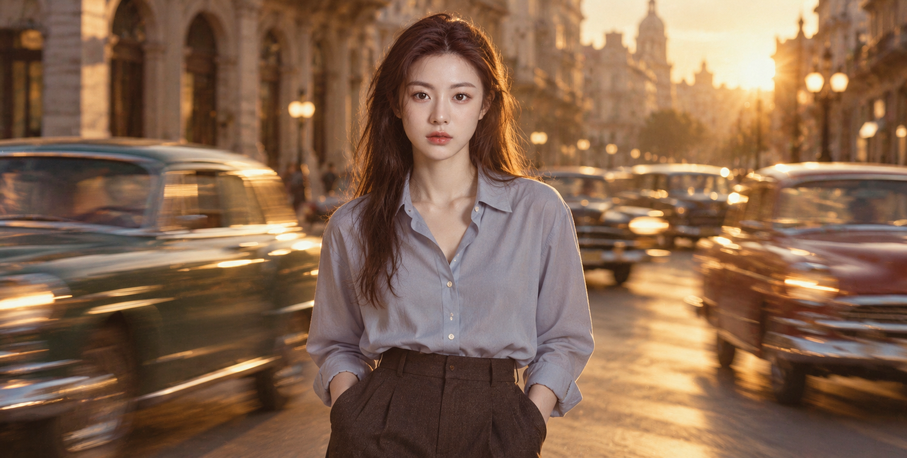 穿梭车流中的成年女性极简时尚大片 — AI image creation