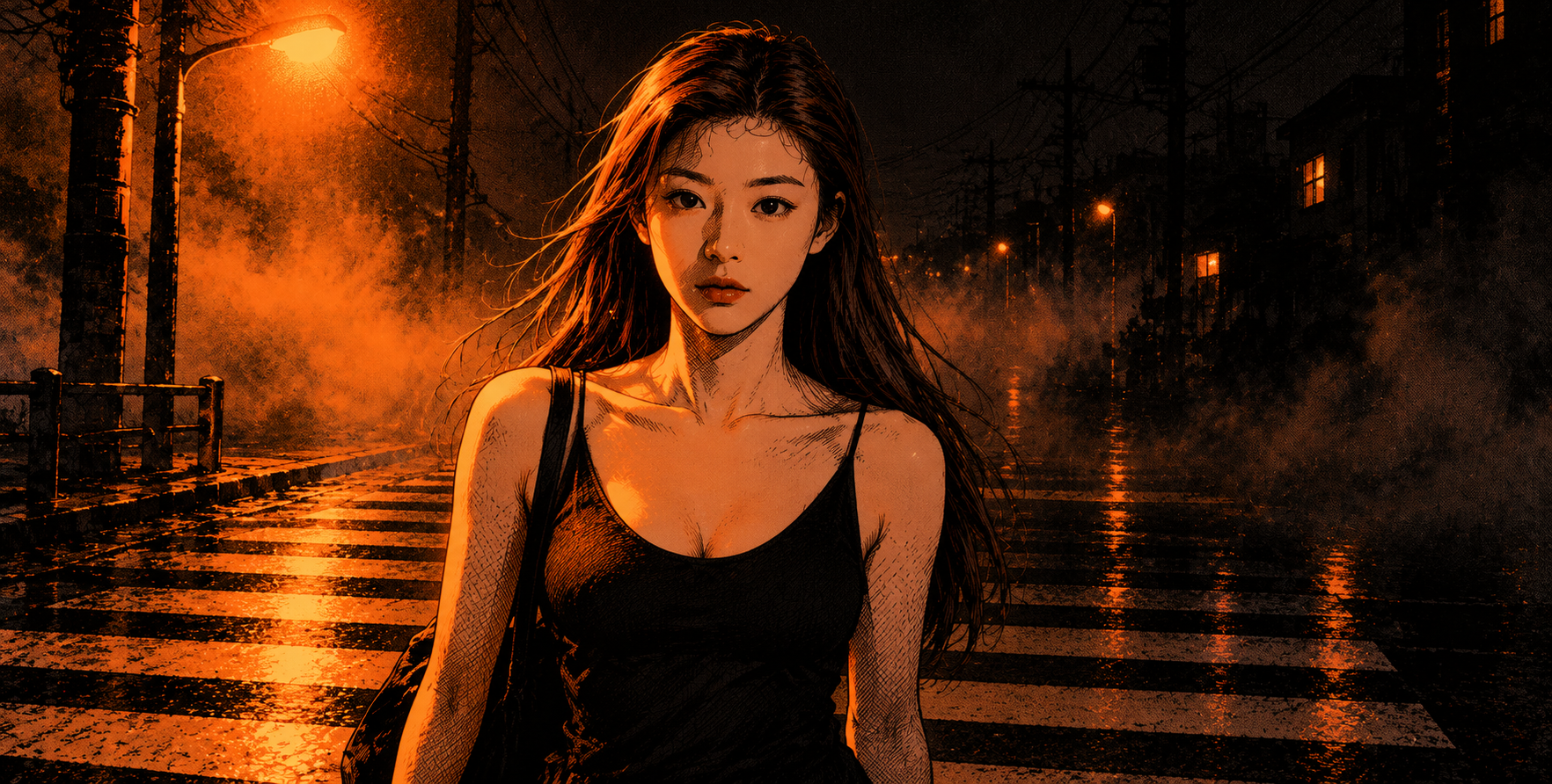 霓虹橙与墨黑夜间漫画风都市插画 — AI image creation