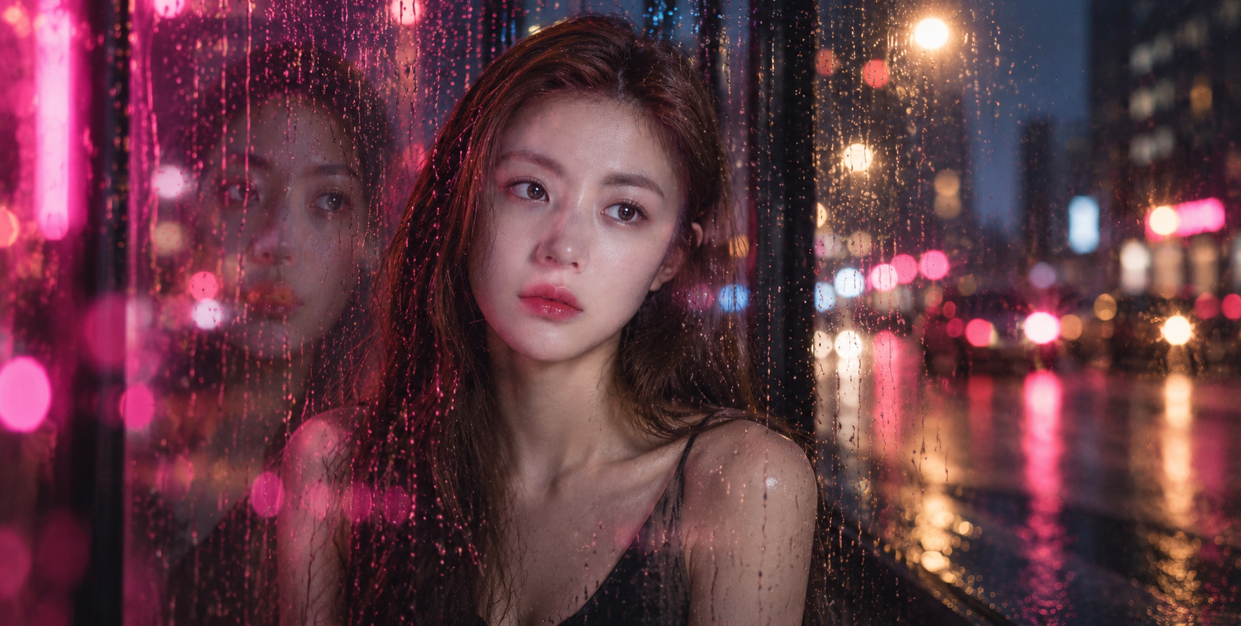 雨夜玻璃窗后的忧郁都市肖像 — AI image creation