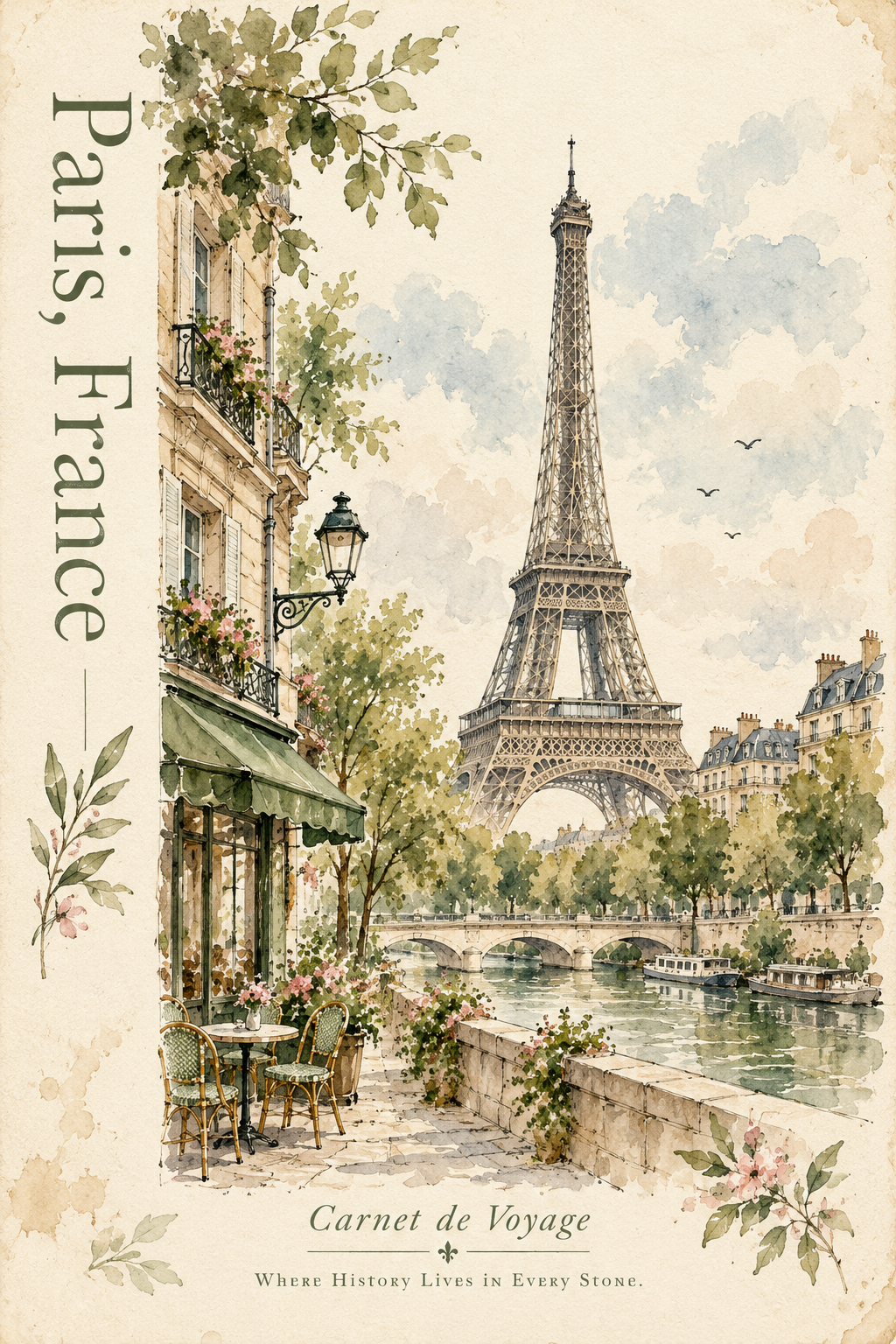 Modèle de couverture de carnet de voyage aquarelle vintage française — AI image creation