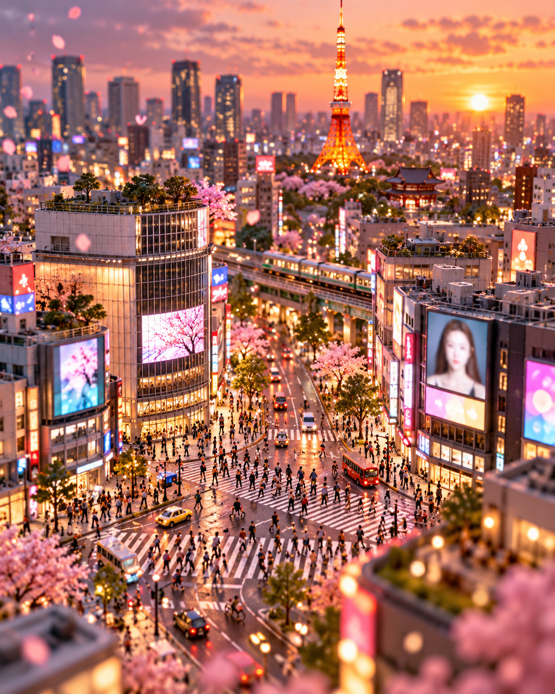 移轴微缩东京日落樱花街景 — AI image creation