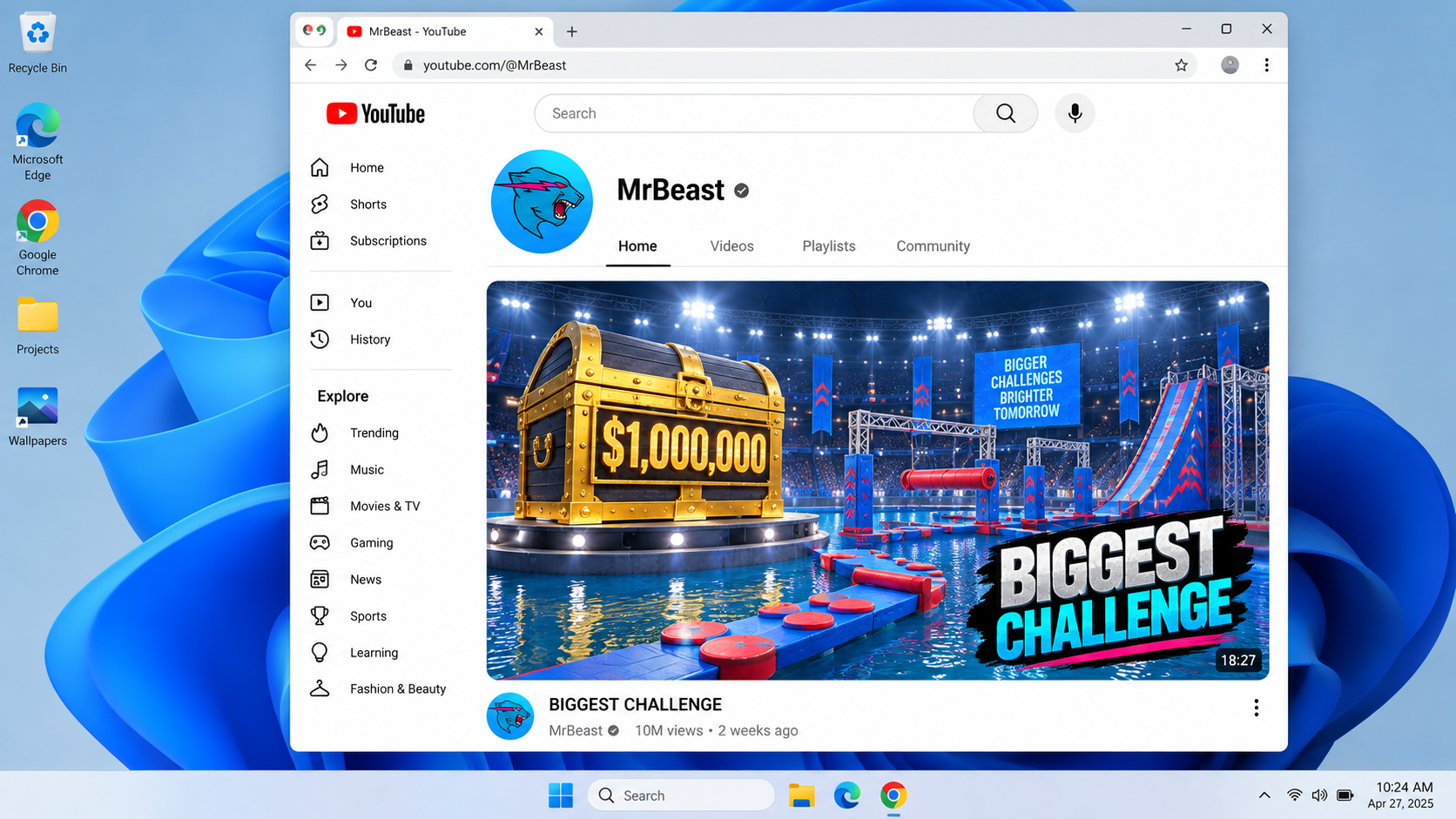 Ảnh ý tưởng trang video MrBeast trên YouTube trong màn hình Windows 11