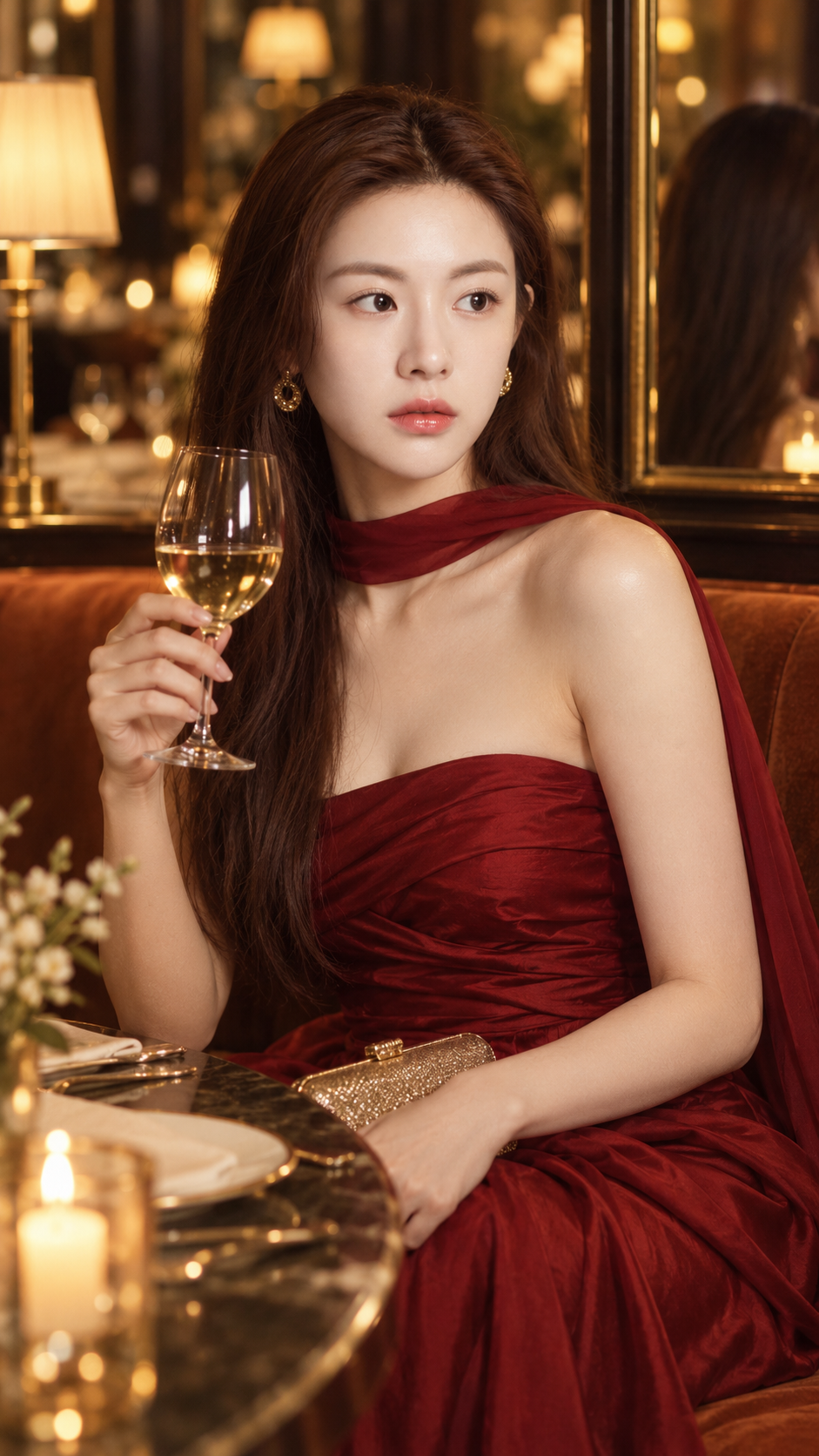 진홍 드레스 레스토랑 만찬 초상