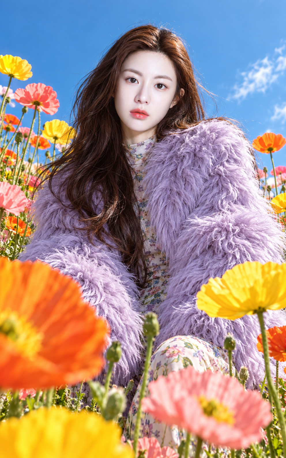 日光直闪下的花田紫色皮草时尚大片 — AI image creation