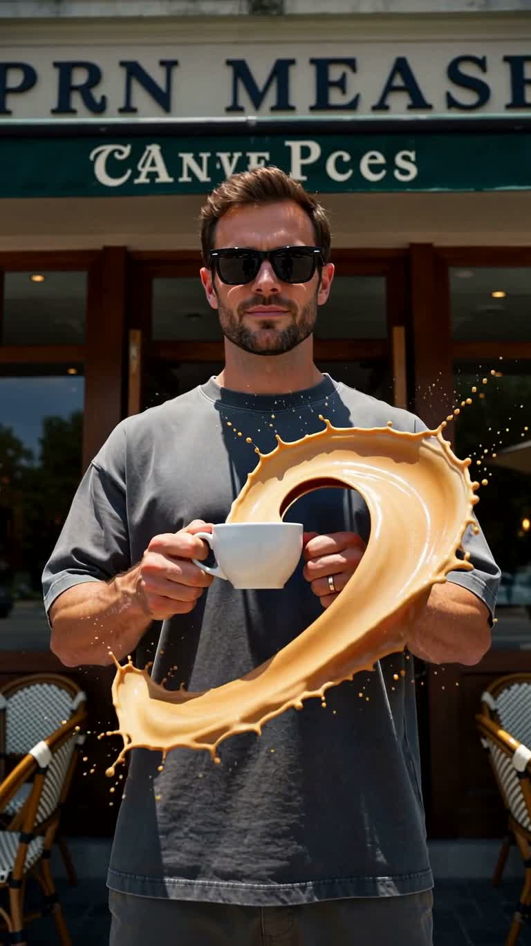 Sculpture d'éclaboussure de café figée — AI video creation