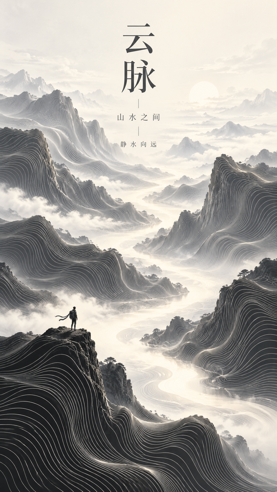 Flowing Contour Lines: Eastern Landscape Art Poster