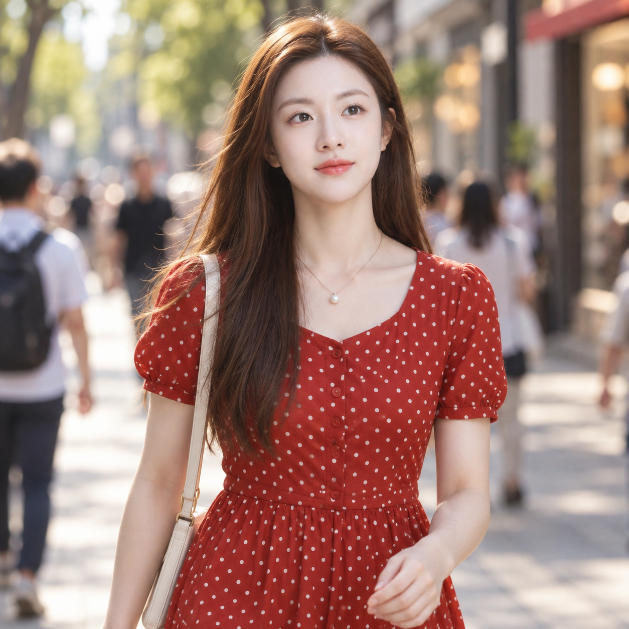 Chân dung người phụ nữ mặc váy chấm bi đỏ trắng bước đi trên phố nắng ấm