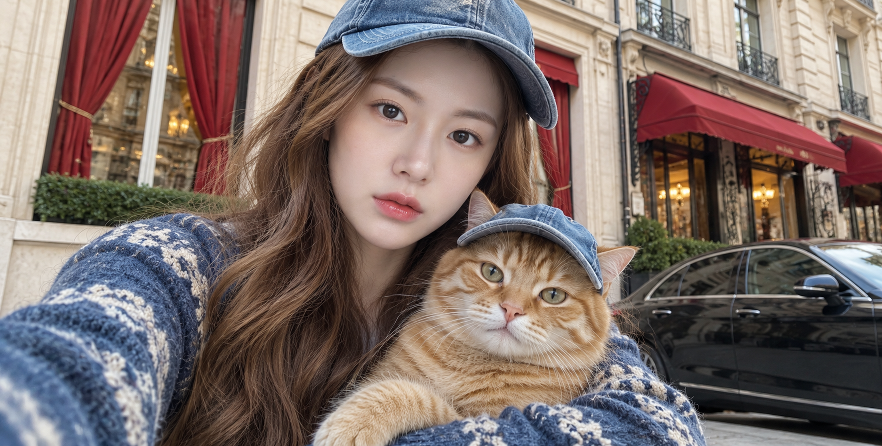 파란 야구모자를 쓴 여성과 모자를 쓴 주황 고양이의 거리 셀카