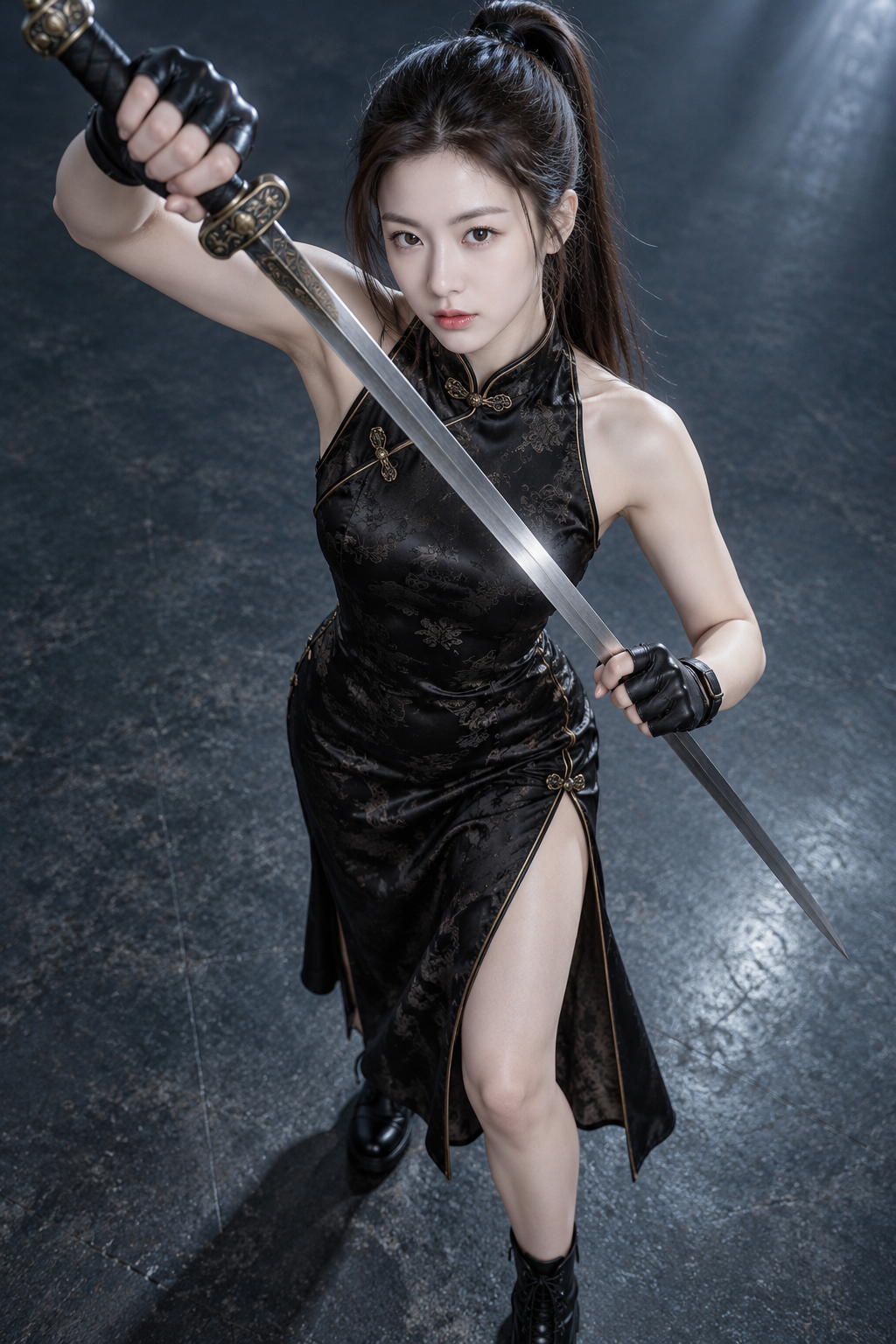 墨黑高衩旗袍持剑东亚女性写实人像 — AI image creation